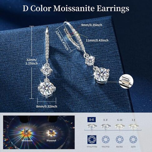 أقراط AINUOSHI Moissanite هوب، أقراط متدلية من الفضة الإسترلينية 925، أقراط متدلية من الخلف مضادة للحساسية للنساء، مجوهرات لهدايا عيد ميلاد الزفاف (فضية) in Saudi Arabia