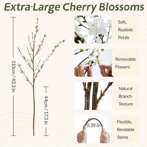 فروع أزهار الكرز مقاس 43 بوصة، 4 قطع من الزهور الاصطناعية الحريرية الواقعية للديكور الداخلي، زهرة زهر الكرز الأبيض الصناعي للمزهرية، ديكور الزفاف، القطع المركزية المنزلية، ترتيب الزهور المزيفة in Kuwait