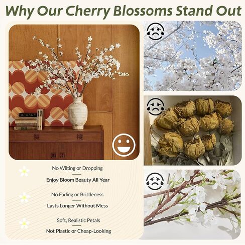 فروع أزهار الكرز مقاس 43 بوصة، 4 قطع من الزهور الاصطناعية الحريرية الواقعية للديكور الداخلي، زهرة زهر الكرز الأبيض الصناعي للمزهرية، ديكور الزفاف، القطع المركزية المنزلية، ترتيب الزهور المزيفة in Kuwait