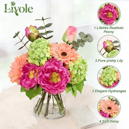 Livole زهور اصطناعية صناعية مع مزهرية ومياه صناعية، ترتيبات زهور صناعية ذات ملمس حقيقي في مزهرية زجاجية لتزيين الطاولة المركزية لغرفة الطعام والمنزل والمكتب وديكور الزفاف (وردي فوشيا) in Kuwait