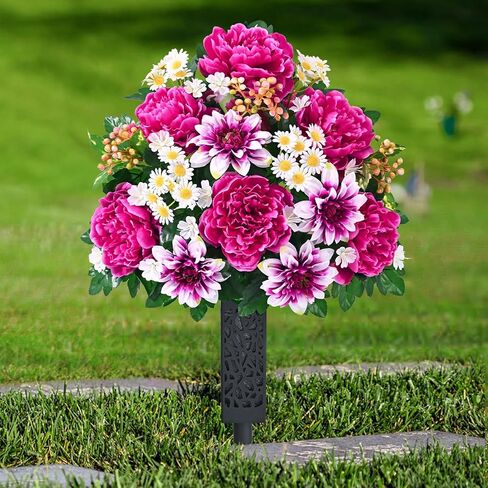 زهور المقبرة الصناعية للقبر من دوليسر، مجموعة من 2 زهور قبر تذكارية للمقبرة مع مزهرية قبور حريرية واقعية مقاومة للأشعة فوق البنفسجية الفاوانيا زهور الأقحوان (أحمر مع أبيض) in Kuwait