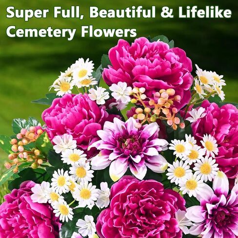 زهور المقبرة الصناعية للقبر من دوليسر، مجموعة من 2 زهور قبر تذكارية للمقبرة مع مزهرية قبور حريرية واقعية مقاومة للأشعة فوق البنفسجية الفاوانيا زهور الأقحوان (أحمر مع أبيض) in Kuwait