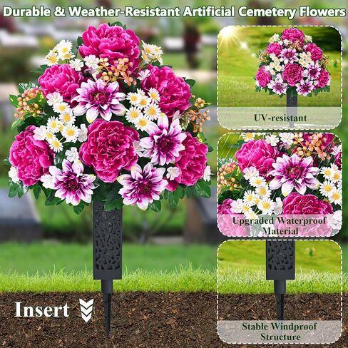 زهور المقبرة الصناعية للقبر من دوليسر، مجموعة من 2 زهور قبر تذكارية للمقبرة مع مزهرية قبور حريرية واقعية مقاومة للأشعة فوق البنفسجية الفاوانيا زهور الأقحوان (أحمر مع أبيض) in Kuwait