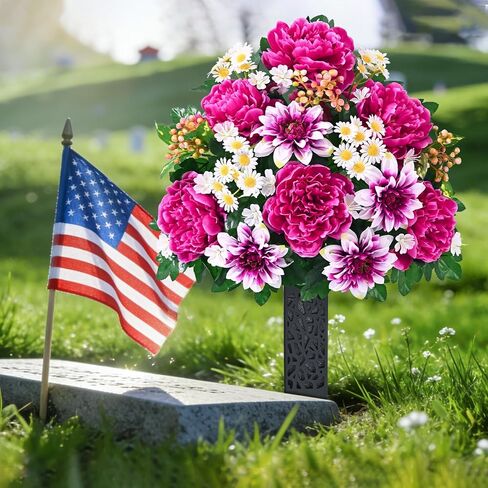 زهور المقبرة الصناعية للقبر من دوليسر، مجموعة من 2 زهور قبر تذكارية للمقبرة مع مزهرية قبور حريرية واقعية مقاومة للأشعة فوق البنفسجية الفاوانيا زهور الأقحوان (أحمر مع أبيض) in Kuwait
