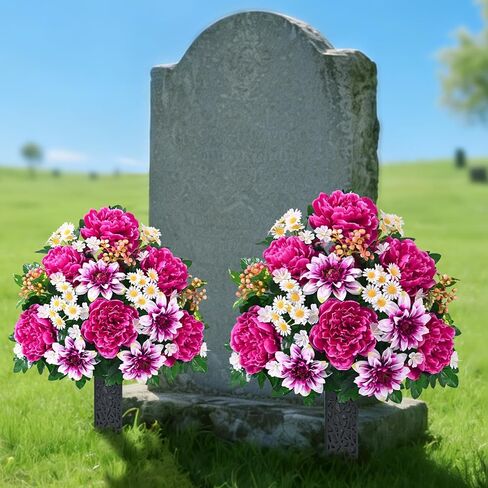 زهور المقبرة الصناعية للقبر من دوليسر، مجموعة من 2 زهور قبر تذكارية للمقبرة مع مزهرية قبور حريرية واقعية مقاومة للأشعة فوق البنفسجية الفاوانيا زهور الأقحوان (أحمر مع أبيض) in Kuwait