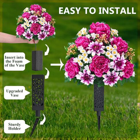 زهور المقبرة الصناعية للقبر من دوليسر، مجموعة من 2 زهور قبر تذكارية للمقبرة مع مزهرية قبور حريرية واقعية مقاومة للأشعة فوق البنفسجية الفاوانيا زهور الأقحوان (أحمر مع أبيض) in Kuwait