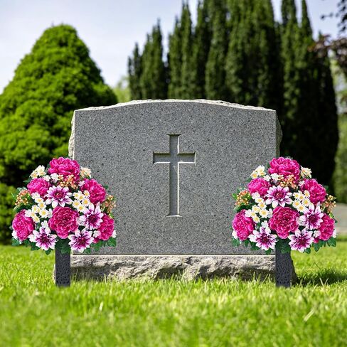 زهور المقبرة الصناعية للقبر من دوليسر، مجموعة من 2 زهور قبر تذكارية للمقبرة مع مزهرية قبور حريرية واقعية مقاومة للأشعة فوق البنفسجية الفاوانيا زهور الأقحوان (أحمر مع أبيض) in Kuwait