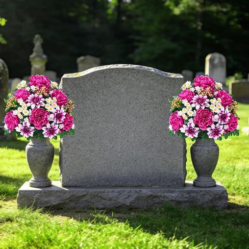 زهور المقبرة الصناعية للقبر من دوليسر، مجموعة من 2 زهور قبر تذكارية للمقبرة مع مزهرية قبور حريرية واقعية مقاومة للأشعة فوق البنفسجية الفاوانيا زهور الأقحوان (أحمر مع أبيض) in Kuwait