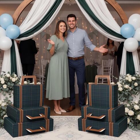 6 قطع من زخارف حقائب السفر العتيقة باللون الأخضر والأزرق من قماش الترتان وصناديق حقائب السفر مع 3 أحجام من الورق المقوى المزخرف للديكور والتخزين والمزيد لحفلة عيد ميلاد الطفل in Kuwait