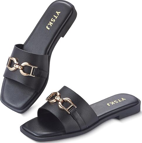 صنادل للنساء 2026 مربعة مفتوحة من الأمام، شرائح عصرية للنساء، صيفية مسطحة، شاطئ لطيف، أحذية كاجوال من الجلد الصناعي مع سلسلة ذهبية مقاس 6-11 in Kuwait