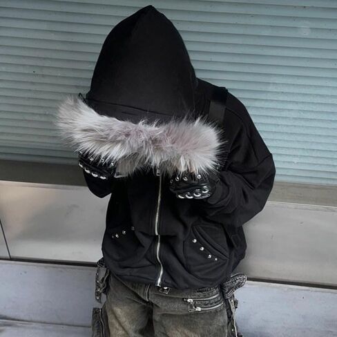 Mens Graphic Hoodies Streetwear Oversized Fur Jacket,womens Black Zip Up Hoodie Punk Rivets Sweatshirt Y2k Emo Hoodie in Saudi Arabia
