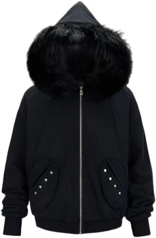 Mens Graphic Hoodies Streetwear Oversized Fur Jacket,womens Black Zip Up Hoodie Punk Rivets Sweatshirt Y2k Emo Hoodie in Saudi Arabia