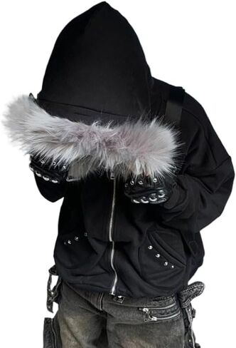 Mens Graphic Hoodies Streetwear Oversized Fur Jacket,womens Black Zip Up Hoodie Punk Rivets Sweatshirt Y2k Emo Hoodie in Saudi Arabia
