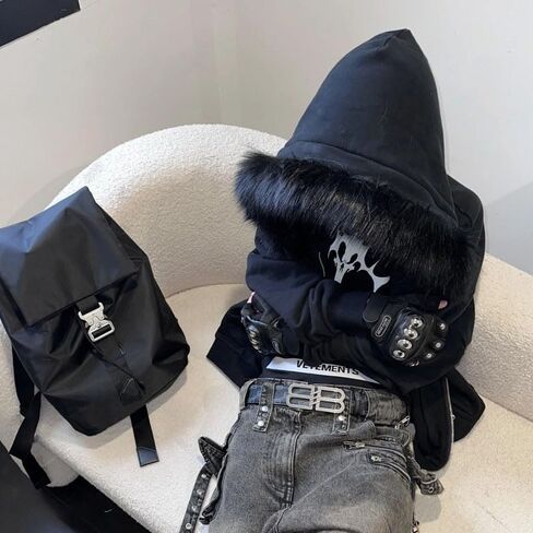 Mens Graphic Hoodies Streetwear Oversized Fur Jacket,womens Black Zip Up Hoodie Punk Rivets Sweatshirt Y2k Emo Hoodie in Saudi Arabia