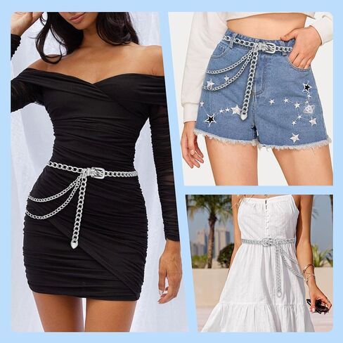 Punk Metal Waist Chain, Silver Chain Belts for Women, Multilayer Adjustable Body Waist Link Belts for Dresses Jeans Skirts in Kuwait