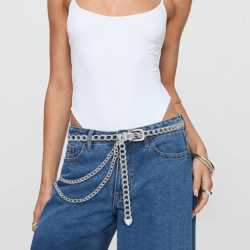 Punk Metal Waist Chain, Silver Chain Belts for Women, Multilayer Adjustable Body Waist Link Belts for Dresses Jeans Skirts in Kuwait