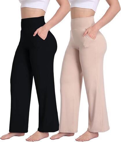 Cheapestbuy 2/3 حزمة المرأة السراويل صالة واسعة الساق عالية الخصر مريح Yoag السراويل تمتد Sweatpants فضفاضة مع جيوب in Kuwait