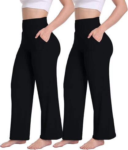 Cheapestbuy 2/3 حزمة المرأة السراويل صالة واسعة الساق عالية الخصر مريح Yoag السراويل تمتد Sweatpants فضفاضة مع جيوب in Kuwait