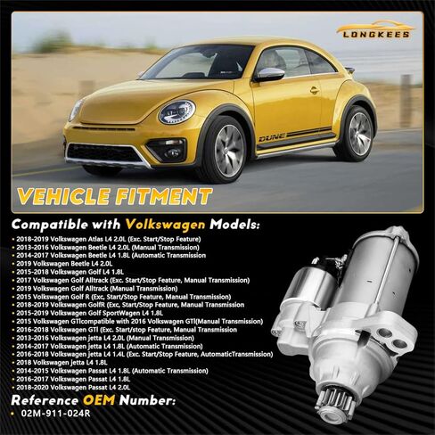 Starter Motor FIT VW Jetta 2013–2018, Passat 2014–2020, Golf 2015–2018, GTI 2015–2018, Beetle 2013–2019, Atlas 2018–2019 – 12V 1.1KW 13 Teeth CCW – Replace OE# 02M-911-024R in Kuwait