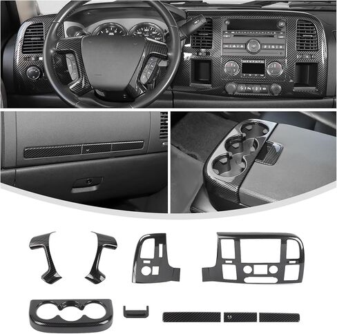 Linskip 9PCS Carbon Fiber Combo Kits Compatible with 2007-2013 Chevy Silverado & GMC Sierra 1500 2500HD 3500HD, Front Dash Console Carbon Fiber Trim Set in Saudi Arabia