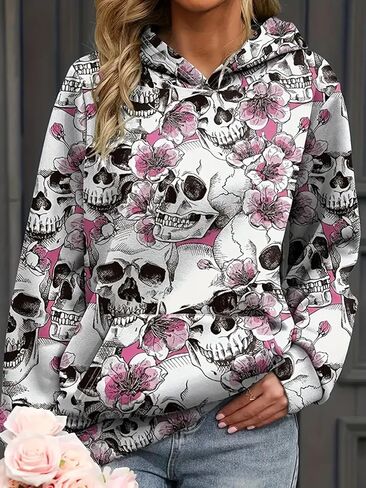 Women's Plus Size Halloween Pumpkin & Skull-Cherry Blossom Prints Hoodie Loose Fit Sweatshirt in Saudi Arabia