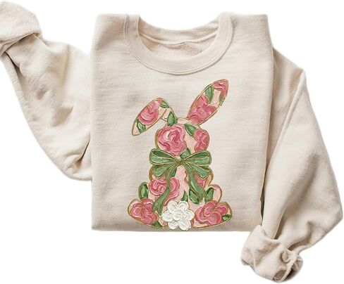 Floral Easter Bunny Sweatshirt for Women – Pink Rose Rabbit Spring Crewneck Pullover in Kuwait