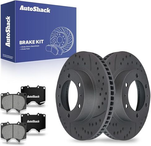دوارات فرامل مطلية بفتحات تهوية أمامية من AutoShack بلمسة نهائية سوداء غير لامعة + وسادات سيراميك ممتازة مكونة من 6 قطع لاستبدال طقم فرامل 2005-2023 Toyota Tacoma BlackShield 12.55 بوصة (318.7 مم) in Saudi Arabia