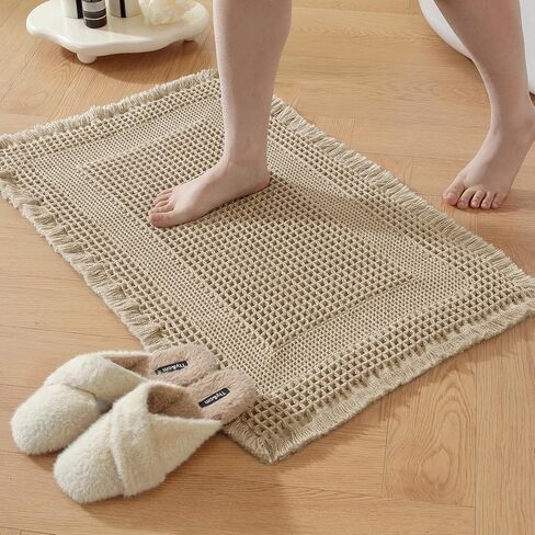 Waffle Bath Mat - Non Slip Bathroom Rugs - Washable Super Absorbent & Quick Dry Bath Mats with Tassels for Hallway Bedroom Laundry Room,17" x 24",Brown in Saudi Arabia