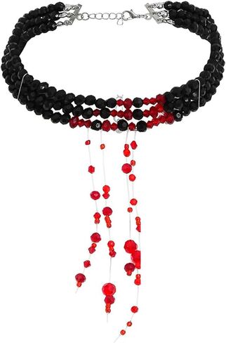 Gothic Blood Drop Fringe Necklace,Vintage Crystal Blooddrip Choker Punk Style Multi-layered Pearl Beaded Necklace Goth Vampire Necklace Halloween Jewelry Decorations in Saudi Arabia