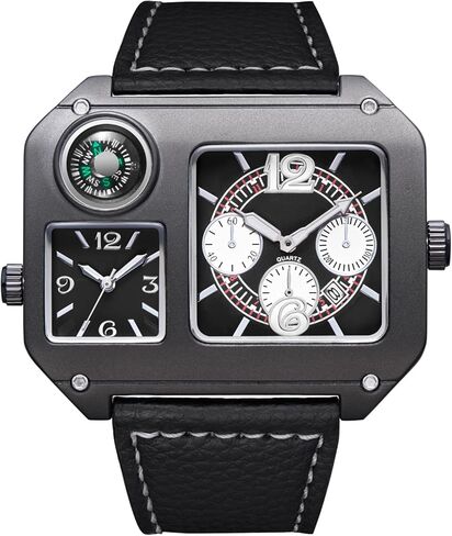 Reginald Men’s Dual Time Zone Square Watch Decorative Compass Large Analog Quartz Wristwatch with PU Leather Band, Fashion Casual Outdoor-Style Timepiece in Kuwait