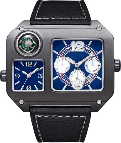 Reginald Men’s Dual Time Zone Square Watch Decorative Compass Large Analog Quartz Wristwatch with PU Leather Band, Fashion Casual Outdoor-Style Timepiece in Saudi Arabia