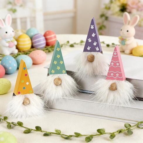 DAZONGE Easter Decorations, Easter Gnome Decor, 4PCS Wooden Spring Gnomes with Faux Fur Beards, Cute Gnome Figurines for Tiered Tray Mantel Shelf Table in Kuwait