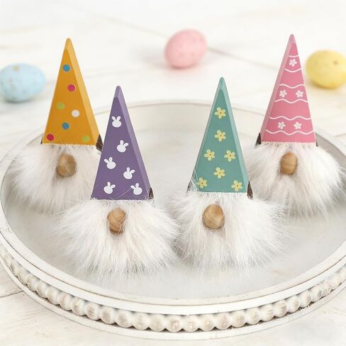 DAZONGE Easter Decorations, Easter Gnome Decor, 4PCS Wooden Spring Gnomes with Faux Fur Beards, Cute Gnome Figurines for Tiered Tray Mantel Shelf Table in Kuwait