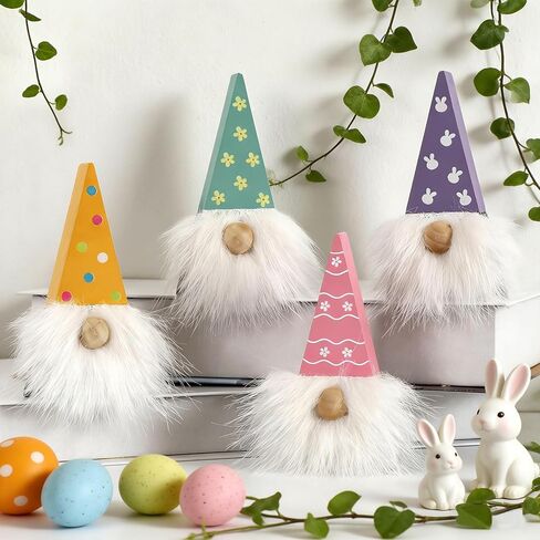 DAZONGE Easter Decorations, Easter Gnome Decor, 4PCS Wooden Spring Gnomes with Faux Fur Beards, Cute Gnome Figurines for Tiered Tray Mantel Shelf Table in Kuwait