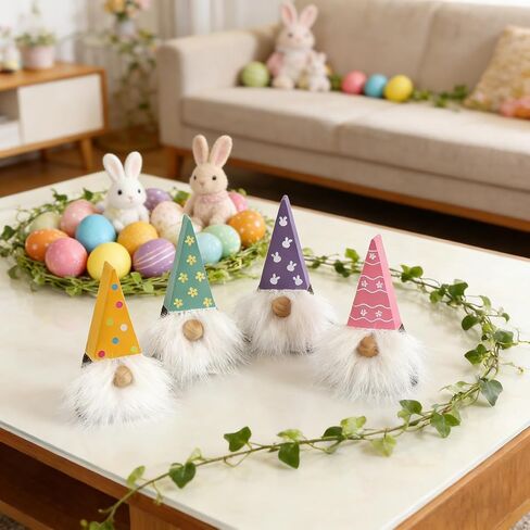 DAZONGE Easter Decorations, Easter Gnome Decor, 4PCS Wooden Spring Gnomes with Faux Fur Beards, Cute Gnome Figurines for Tiered Tray Mantel Shelf Table in Kuwait