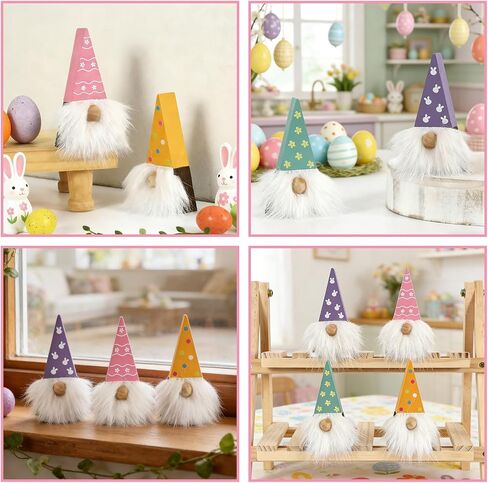 DAZONGE Easter Decorations, Easter Gnome Decor, 4PCS Wooden Spring Gnomes with Faux Fur Beards, Cute Gnome Figurines for Tiered Tray Mantel Shelf Table in Kuwait