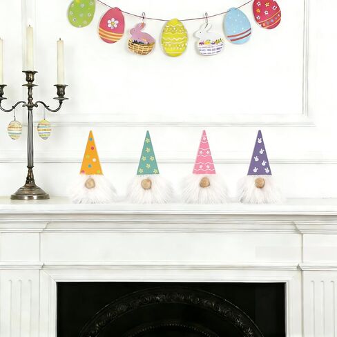 DAZONGE Easter Decorations, Easter Gnome Decor, 4PCS Wooden Spring Gnomes with Faux Fur Beards, Cute Gnome Figurines for Tiered Tray Mantel Shelf Table in Kuwait