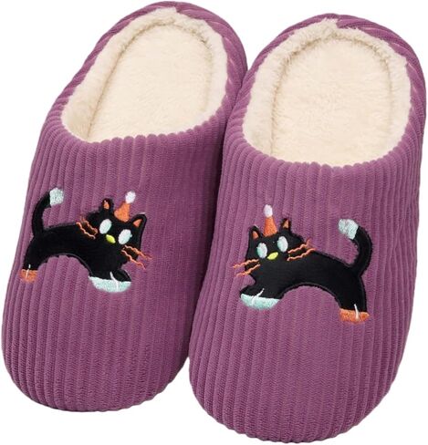 Womens Cat Silent Slippers For House Elastic Comfy Fuzzy Soft Plush Winter Wool Warm Anti-Skid Sole Lined Indoor Home Mens Slip-On Animal Thin Bedroom Shoes in Saudi Arabia