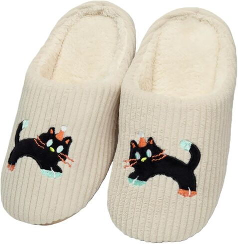 Womens Cat Silent Slippers For House Elastic Comfy Fuzzy Soft Plush Winter Wool Warm Anti-Skid Sole Lined Indoor Home Mens Slip-On Animal Thin Bedroom Shoes in Saudi Arabia