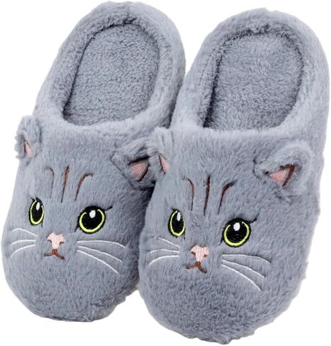 Womens Cat Silent Slippers For House Elastic Comfy Fuzzy Soft Plush Winter Wool Warm Anti-Skid Sole Lined Indoor Home Mens Slip-On Animal Thin Bedroom Shoes in Saudi Arabia