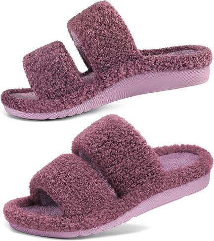 Litfun Women's Fuzzy House Slippers with Moderate Arch Support Open Toe Cozy Bedroom Shoes Indoor, Purple, EU36 in Kuwait