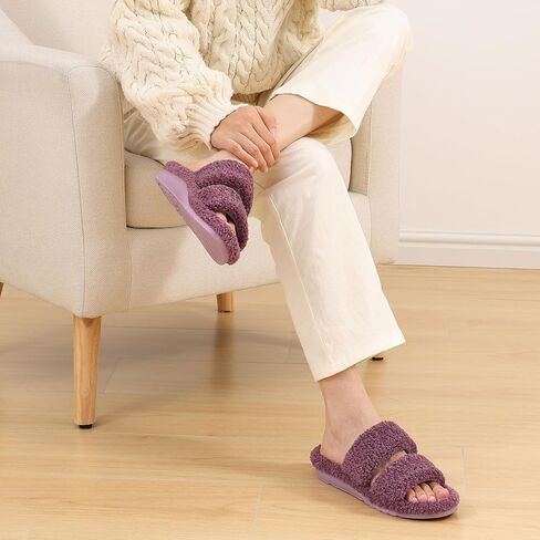 Litfun Women's Fuzzy House Slippers with Moderate Arch Support Open Toe Cozy Bedroom Shoes Indoor, Purple, EU36 in Kuwait