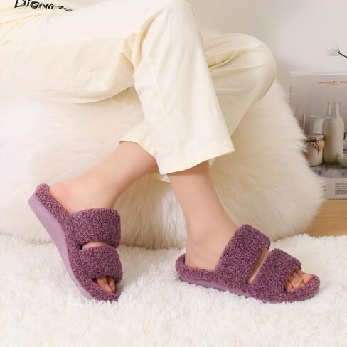 Litfun Women's Fuzzy House Slippers with Moderate Arch Support Open Toe Cozy Bedroom Shoes Indoor, Purple, EU36 in Kuwait
