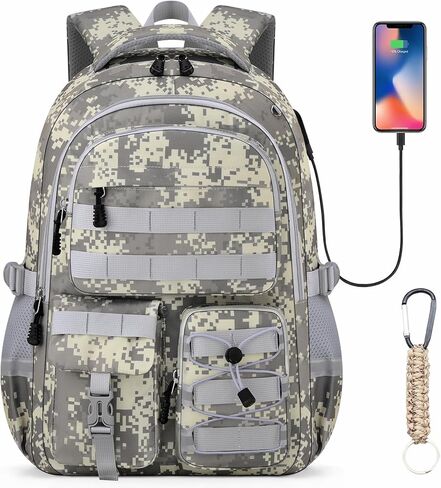 حقيبة ظهر مدرسية للأولاد - حقيبة ظهر مموهة للأولاد للمدرسة الابتدائية المتوسطة - حقيبة كتب للطلاب المموهة ذات سعة كبيرة 18 بوصة مع جيوب متعددة، ومنفذ شحن USB وسلسلة مفاتيح in Kuwait