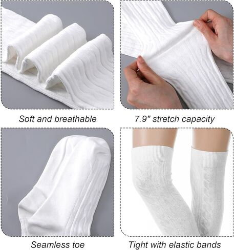 جوارب عالية متماسكة للفخذ، جوارب بيضاء عالية الركبة من القطن فوق الركبة للنساء محبوكة بأعلى الفخذين من الصوف، غير قابلة للانزلاق وطويلة للغاية، مثالية للأحذية طويلة الرقبة، بيضاء in Kuwait