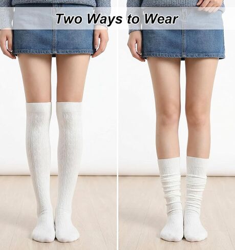 جوارب عالية متماسكة للفخذ، جوارب بيضاء عالية الركبة من القطن فوق الركبة للنساء محبوكة بأعلى الفخذين من الصوف، غير قابلة للانزلاق وطويلة للغاية، مثالية للأحذية طويلة الرقبة، بيضاء in Kuwait