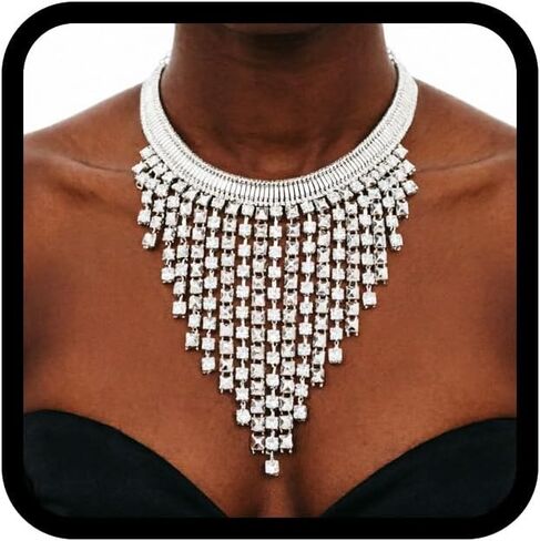 ELABEST Rhinestone Necklaces Crystal Tassel Choker Statement Necklace for Women and Girls in Kuwait