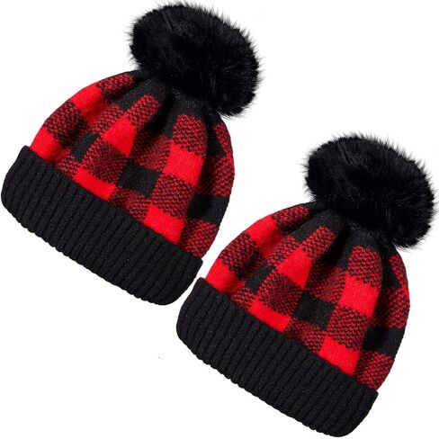 2 Pieces Buffalo Plaid Beanie with Faux Fur Pompom Winter Knitted Hat for Women in Saudi Arabia
