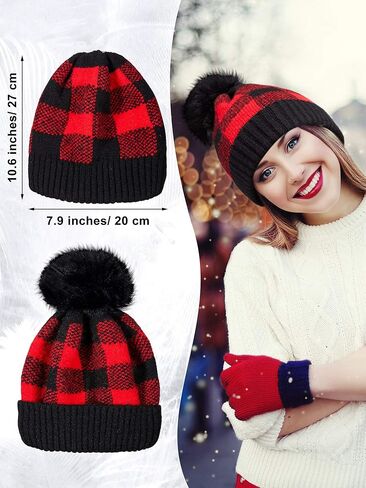 2 Pieces Buffalo Plaid Beanie with Faux Fur Pompom Winter Knitted Hat for Women in Saudi Arabia