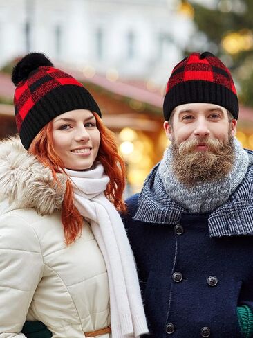 2 Pieces Buffalo Plaid Beanie with Faux Fur Pompom Winter Knitted Hat for Women in Saudi Arabia